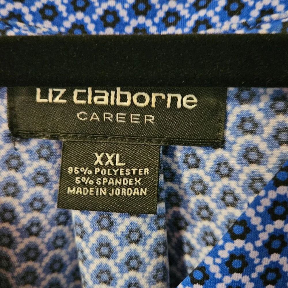 Liz Claiborne Career XXL - V Neck Womens 3/4 Sleeve Top  - Bold Blue Geo EUC - Picture 3 of 7